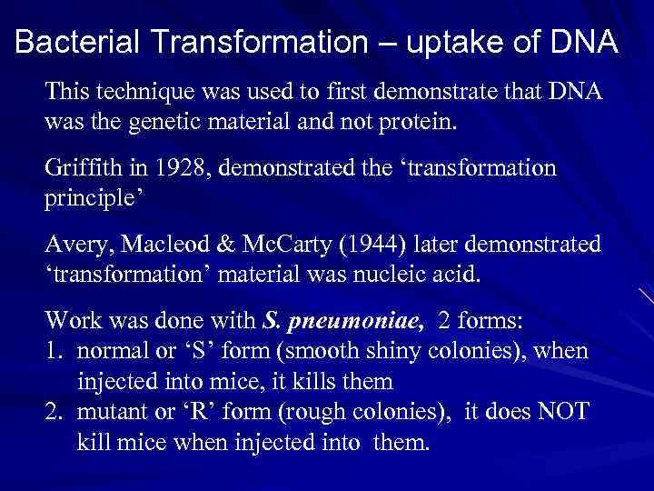 Bacterial Transformation – uptake of DNA This technique was used to first demonstrate that