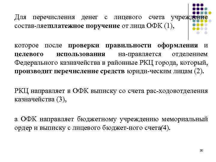 Для перечисления денег с лицевого счета учреждение состав ляет латежное поручение от лица ОФК
