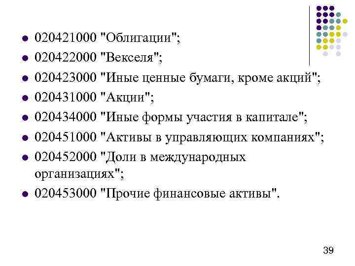 l l l l 020421000 "Облигации"; 020422000 "Векселя"; 020423000 "Иные ценные бумаги, кроме акций";
