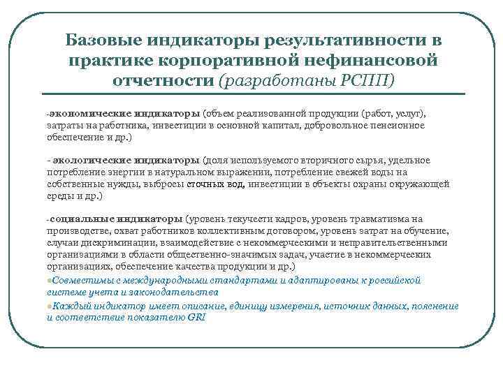 Базовые индикаторы результативности в практике корпоративной нефинансовой отчетности (разработаны РСПП) -экономические индикаторы (объем реализованной