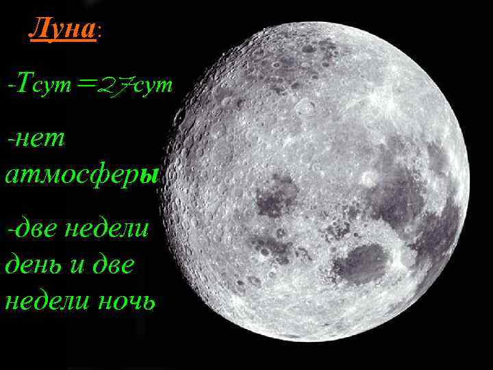 Луна: -Тсут=27 сут -нет атмосферы -две недели день и две недели ночь 