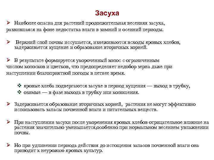 Засуха Ø Наиболее опасна для растений продолжительная весенняя засуха, развившаяся на фоне недостатка влаги