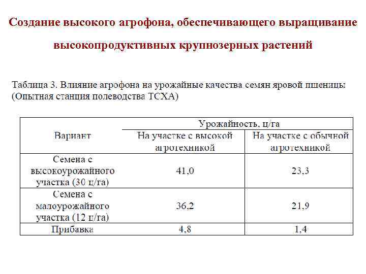 Создание высокого агрофона, обеспечивающего выращивание высокопродуктивных крупнозерных растений 