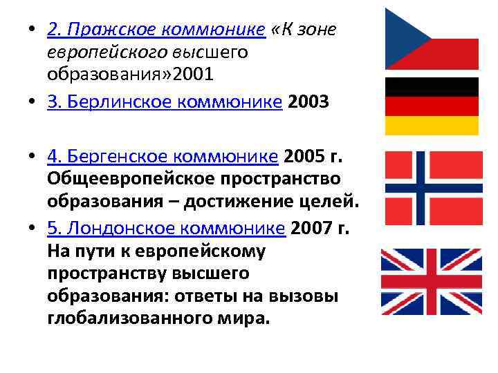  • 2. Пражское коммюнике «К зоне европейского высшего образования» 2001 • 3. Берлинское