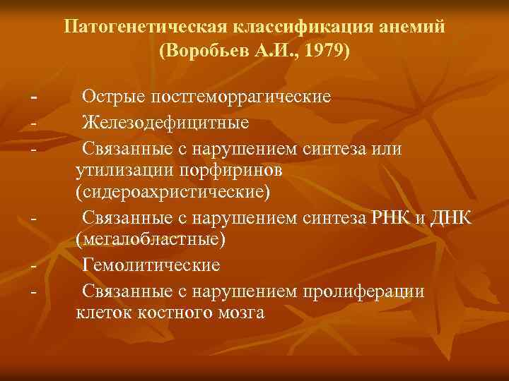 Патогенетическая классификация анемий (Воробьев А. И. , 1979) - Острые постгеморрагические - Железодефицитные -