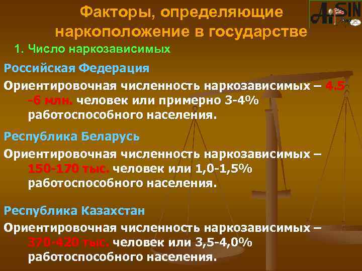 Факторы, определяющие наркоположение в государстве 1. Число наркозависимых Российская Федерация Ориентировочная численность наркозависимых –