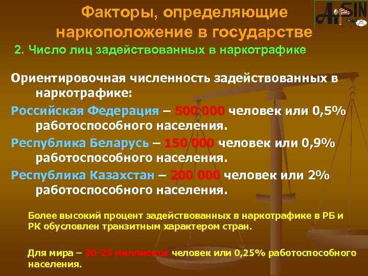 Факторы, определяющие наркоположение в государстве 2. Число лиц задействованных в наркотрафике Ориентировочная численность задействованных