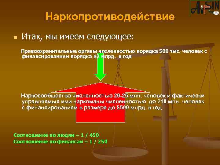 Наркопротиводействие n Итак, мы имеем следующее: Правоохранительные органы численностью порядка 500 тыс. человек с
