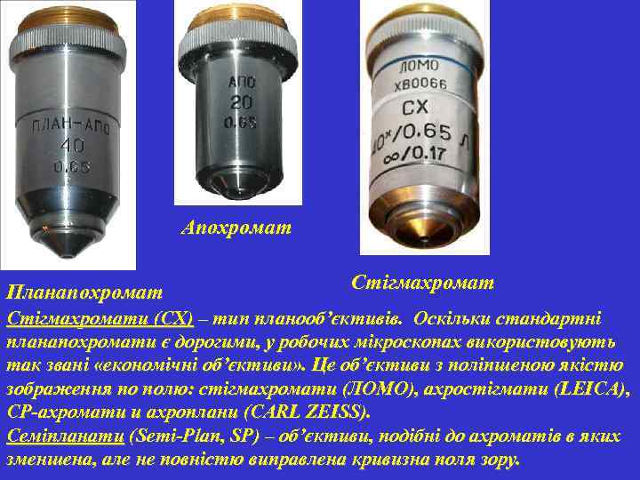 Апохромат Планапохромат Стігмахромати (СХ) – тип планооб’єктивів. Оскільки стандартні планапохромати є дорогими, у робочих