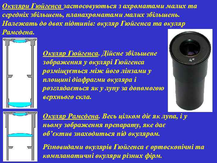 Окуляри Гюйгенса застосовуються з ахроматами малих та середніх збільшень, планахроматами малих збільшень. Належать до