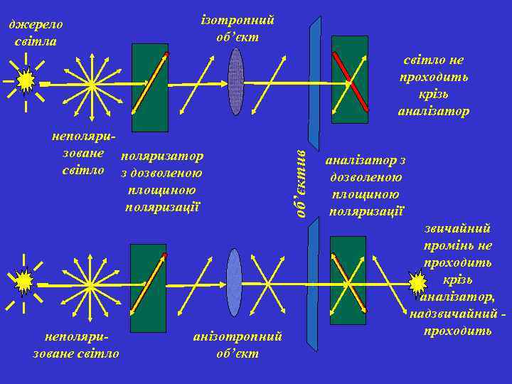 джерело світла ізотропний об’єкт неполяризоване поляризатор світло з дозволеною площиною поляризації неполяризоване світло анізотропний