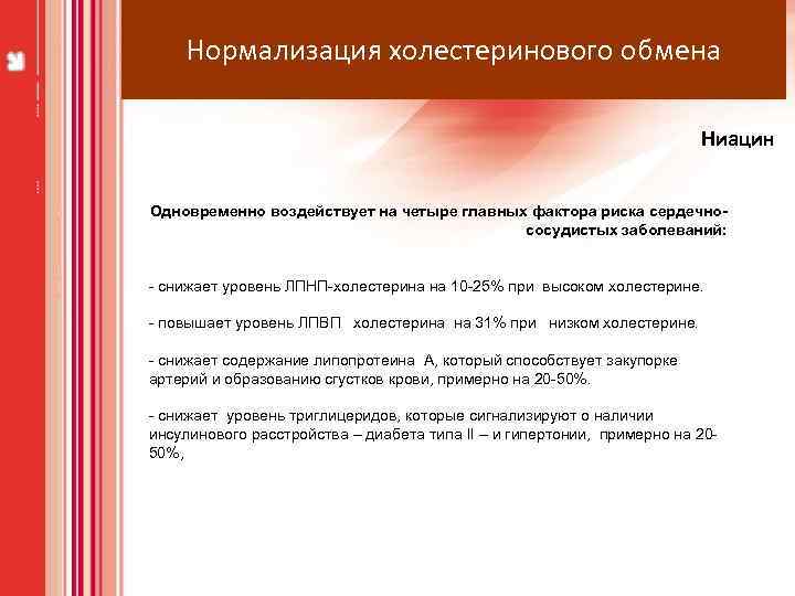 Нормализация холестеринового обмена Ниацин Одновременно воздействует на четыре главных фактора риска сердечнососудистых заболеваний: -