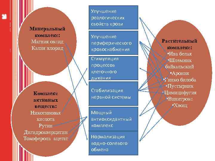 Минеральный комплекс: Магния оксид Калия хлорид Улучшение реалогических свойств крови Улучшение периферического кровоснабжения Стимуляция