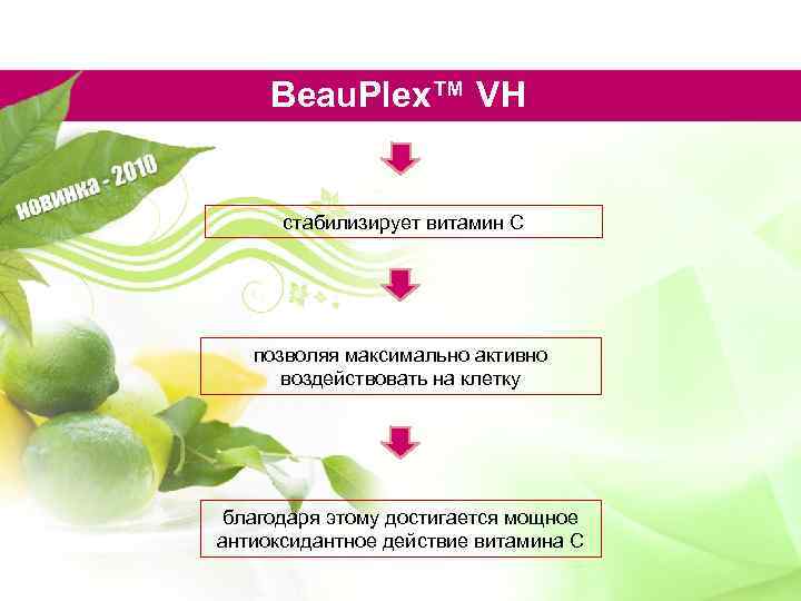 Beau. Plex™ VH стабилизирует витамин С позволяя максимально активно воздействовать на клетку благодаря этому