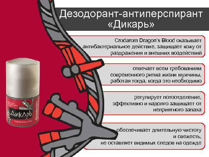 Дезодорант-антиперспирант «Дикарь» Crodarom Dragon’s Blood оказывает антибактериальное действие, защищает кожу от раздражения и внешних