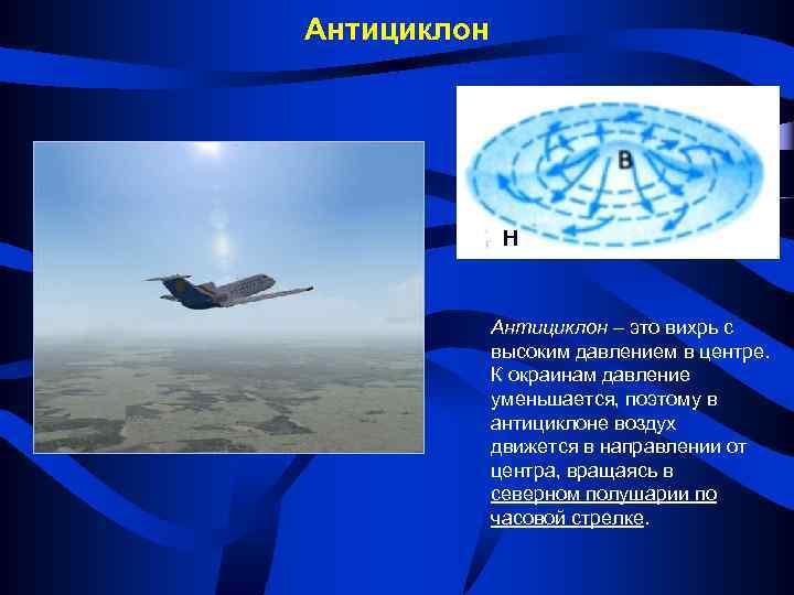 Антициклон Н Антициклон – это вихрь с высоким давлением в центре. К окраинам давление