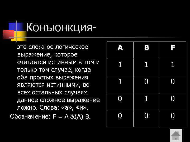 Конъюнкцияэто сложное логическое выражение, которое считается истинным в том и только том случае, когда