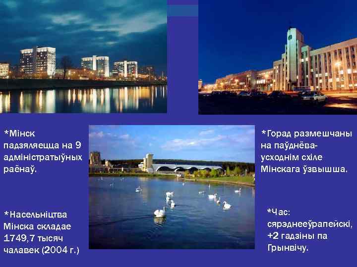 *Мінск падзяляецца на 9 адміністратыўных раёнаў. *Горад размешчаны на паўднёваусходнім схіле Мінскага ўзвышша. *Насельніцтва