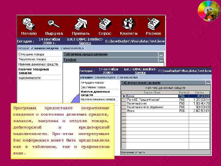 Программа предоставит оперативные сведения о состоянии денежных средств, Программа предоставит оперативные запасов, озакупках и