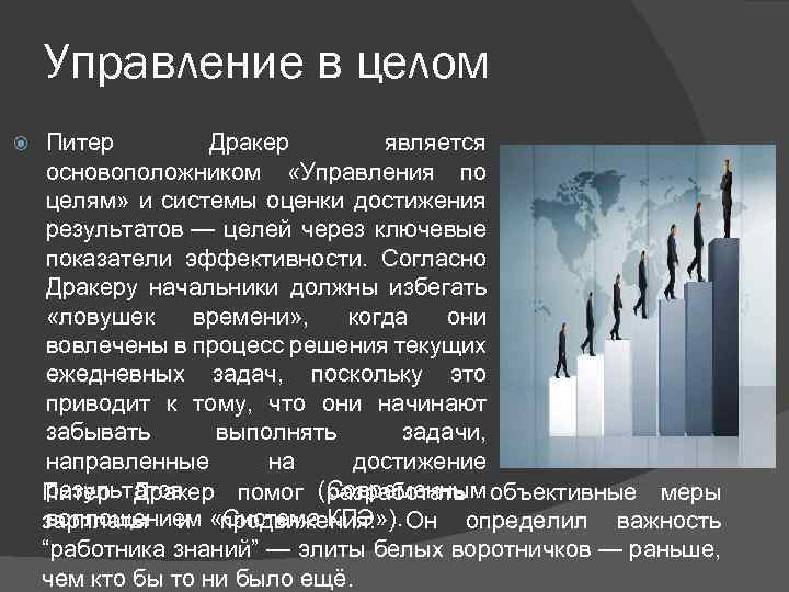Управление в целом Питер Дракер является основоположником «Управления по целям» и системы оценки достижения