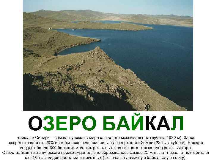 ОЗЕРО БАЙКАЛ Байкал в Сибири – самое глубокое в мире озеро (его максимальная глубина