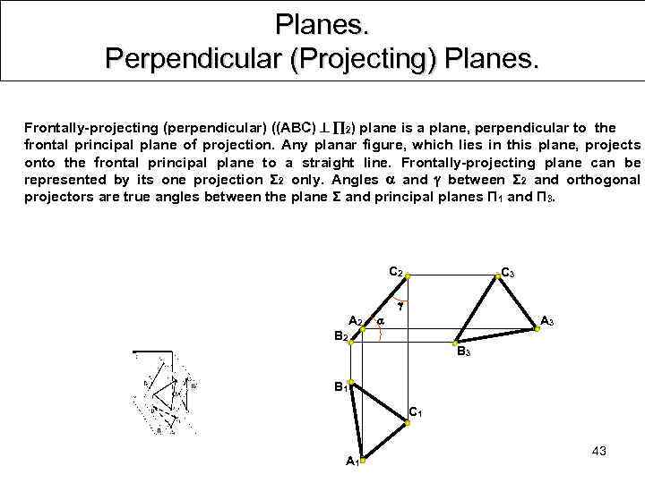 Planes. Perpendicular (Projecting) Planes. Frontally-projecting (perpendicular) ((ABC) 2) plane is a plane, perpendicular to