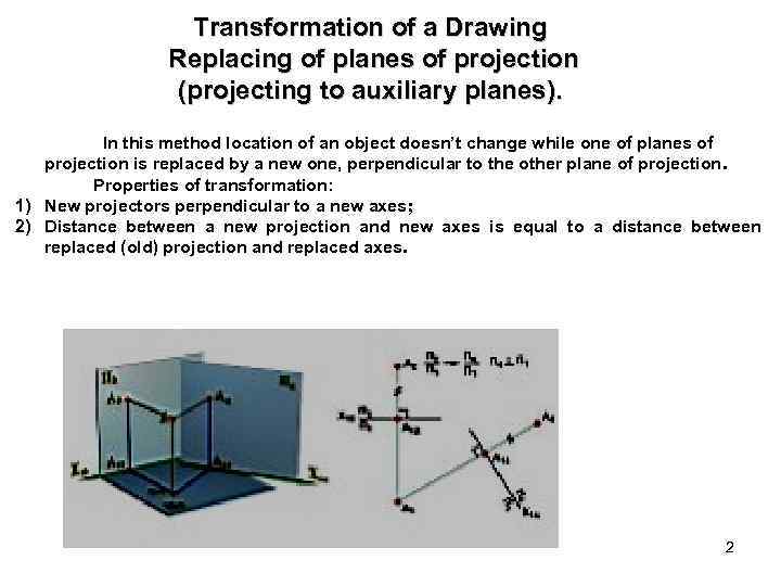 Transformation of a Drawing Replacing of planes of projection (projecting to auxiliary planes). In