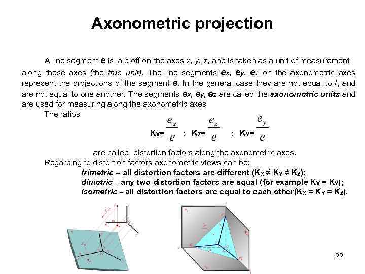Axonometric projection A line segment e is laid off on the axes x, y,