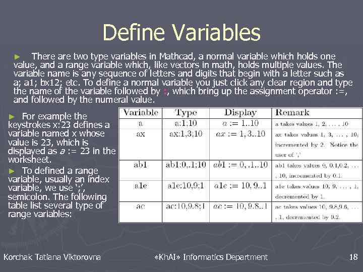 Define Variables There are two type variables in Mathcad, a normal variable which holds