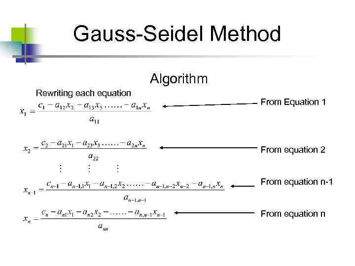 Gauss-Seidel Method Algorithm Rewriting each equation From Equation 1 From equation 2 From equation