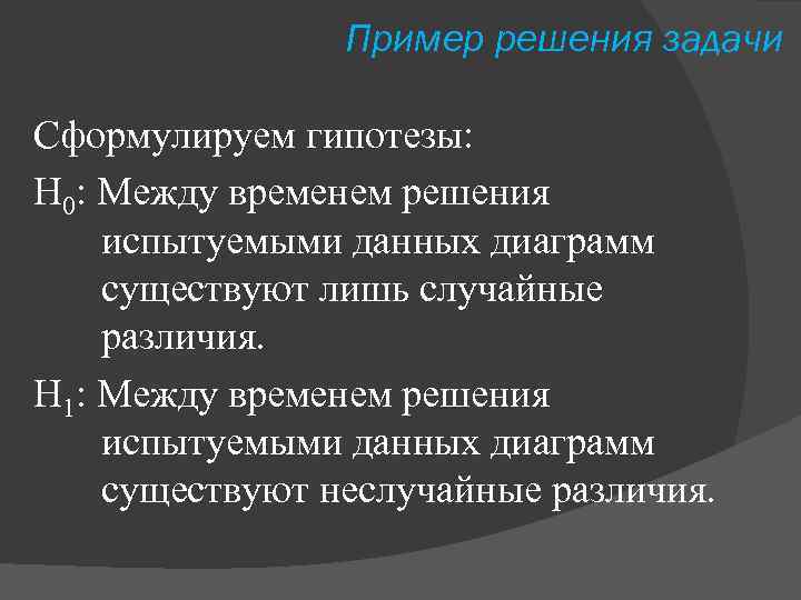 Пример решения задачи Сформулируем гипотезы: H 0: Между временем решения испытуемыми данных диаграмм существуют