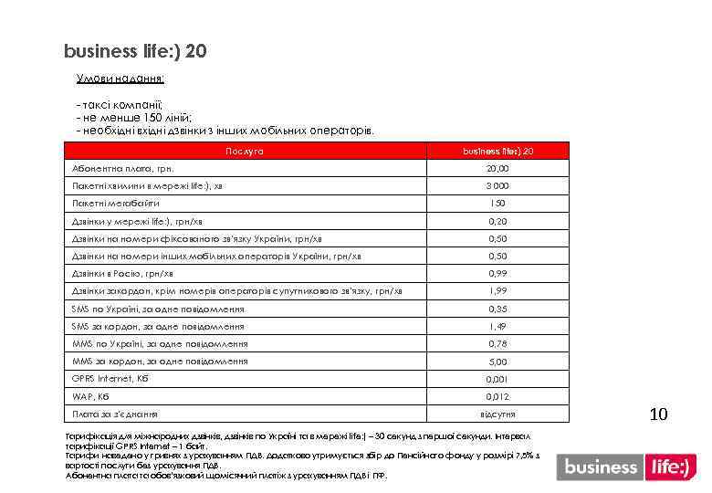 business life: ) 20 Умови надання: - таксі компанії; - не менше 150 ліній;