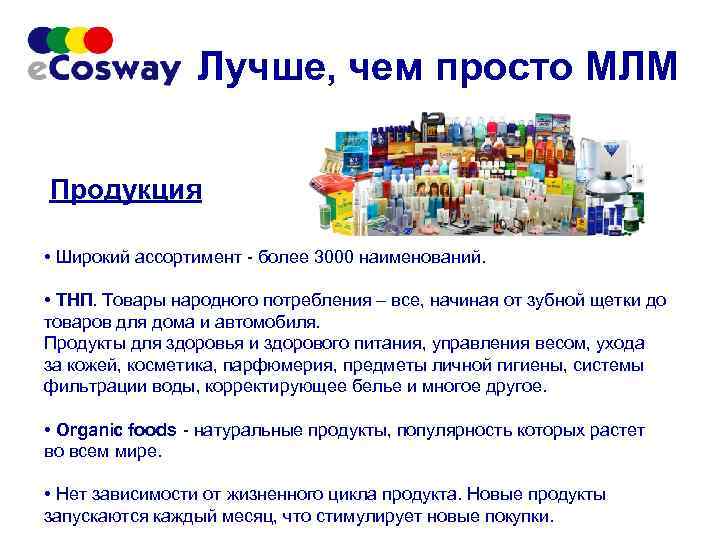 Лучше, чем просто МЛМ Продукция • Широкий ассортимент - более 3000 наименований. • ТНП.