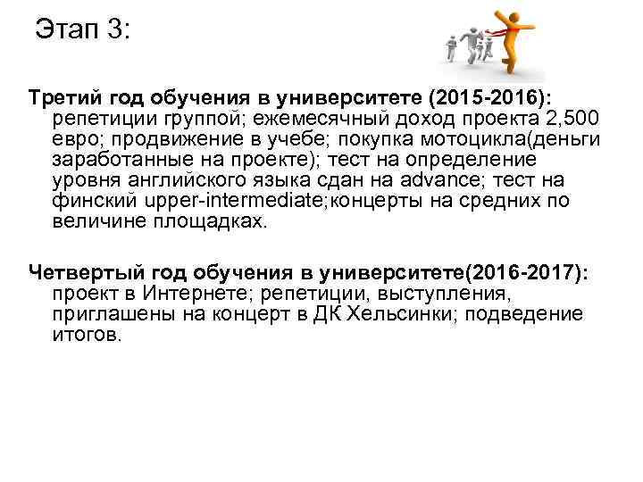 Этап 3: Третий год обучения в университете (2015 -2016): репетиции группой; ежемесячный доход проекта