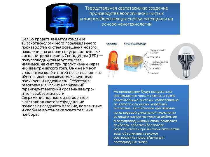 Твердотельная светотехника: создание производства экологически чистых и энергосберегающих систем освещения на основе нанотехнологий Целью