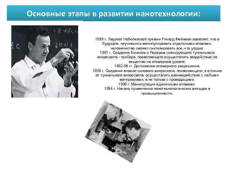 Основные этапы в развитии нанотехнологии: 1959 г. Лауреат Нобелевской премии Ричард Фейнман заявляет, что