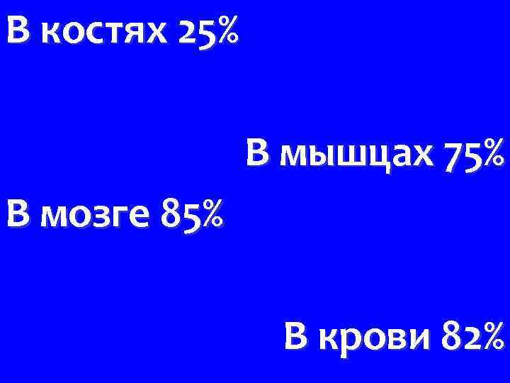 В костях 25% В мышцах 75% В мозге 85% В крови 82% 