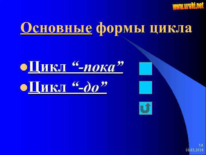 Основные формы цикла l. Цикл “-пока” l. Цикл “-до” 14 10. 02. 2018 