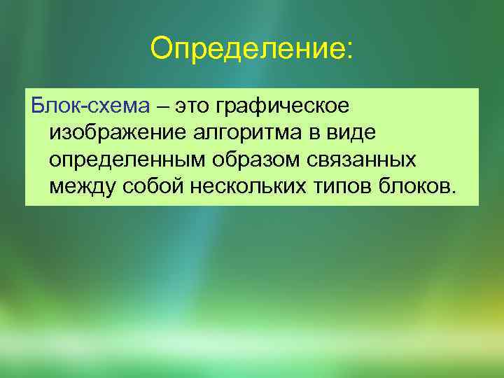 Определение: Блок-схема – это графическое изображение алгоритма в виде определенным образом связанных между собой