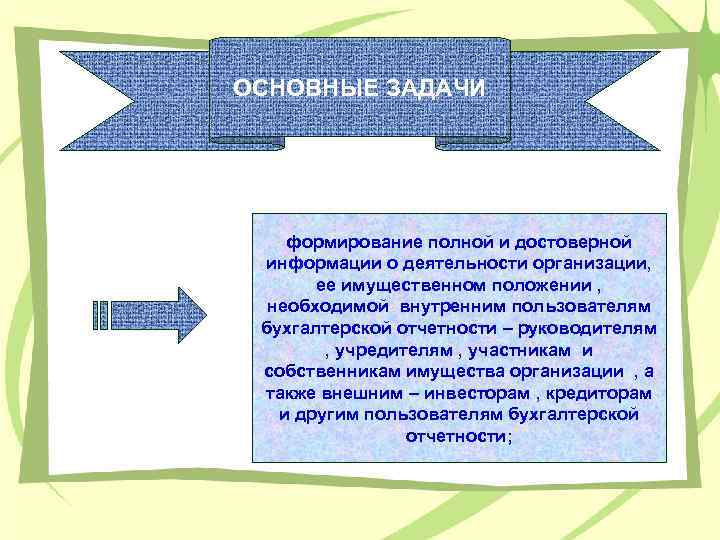 ОСНОВНЫЕ ЗАДАЧИ формирование полной и достоверной информации о деятельности организации, ее имущественном положении ,