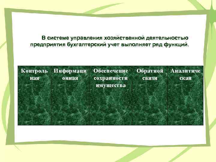 В системе управления хозяйственной деятельностью предприятия бухгалтерский учет выполняет ряд функций. Контроль Информаци ная