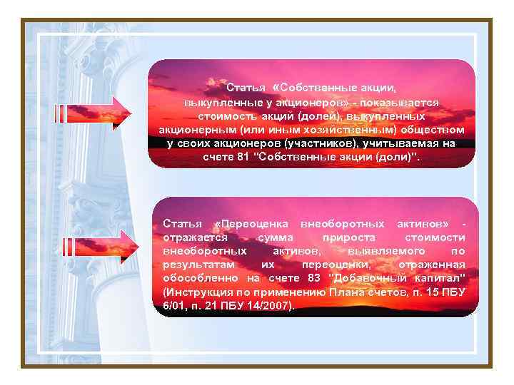 Статья «Собственные акции, выкупленные у акционеров» - показывается стоимость акций (долей), выкупленных акционерным (или