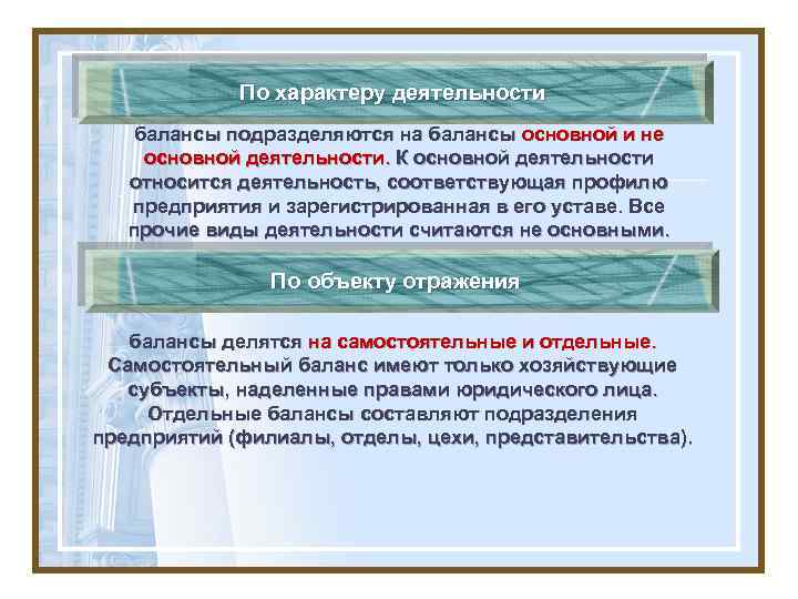 По характеру деятельности балансы подразделяются на балансы основной и не основной деятельности. К основной