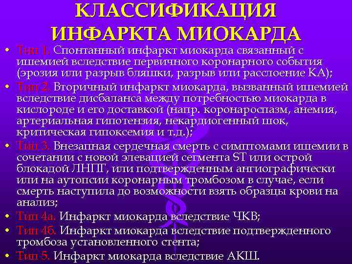 КЛАССИФИКАЦИЯ ИНФАРКТА МИОКАРДА • Тип 1. Спонтанный инфаркт миокарда связанный с ишемией вследствие первичного