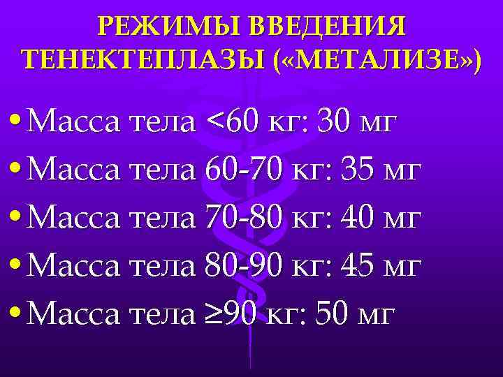 РЕЖИМЫ ВВЕДЕНИЯ ТЕНЕКТЕПЛАЗЫ ( «МЕТАЛИЗЕ» ) • Масса тела <60 кг: 30 мг •
