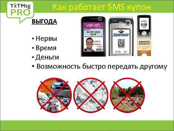 Как работает SMS купон ВЫГОДА • Нервы • Время • Деньги • Возможность быстро