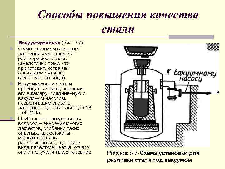 Способы повышения качества стали Вакуумирование (рис. 5. 7) n С уменьшением внешнего давления уменьшается