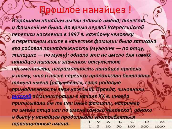 Прошлое нанайцев ! В прошлом нанайцы имели только имена; отчеств и фамилий не было.