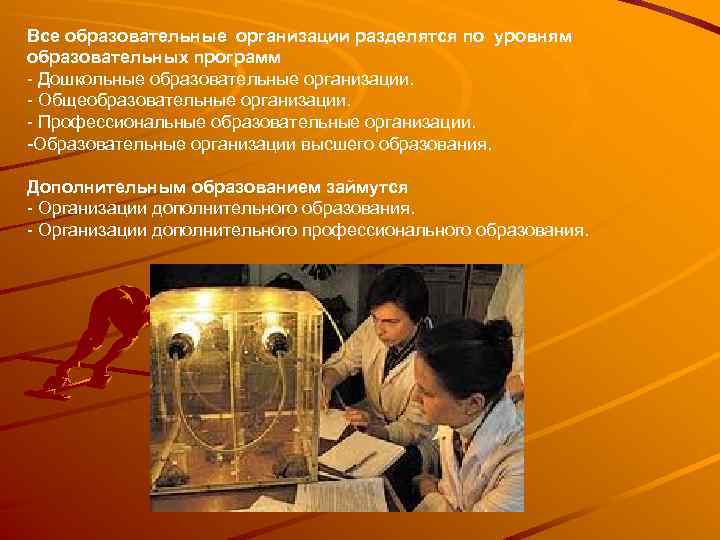 Все образовательные организации разделятся по уровням образовательных программ Дошкольные образовательные организации. Общеобразовательные организации. Профессиональные