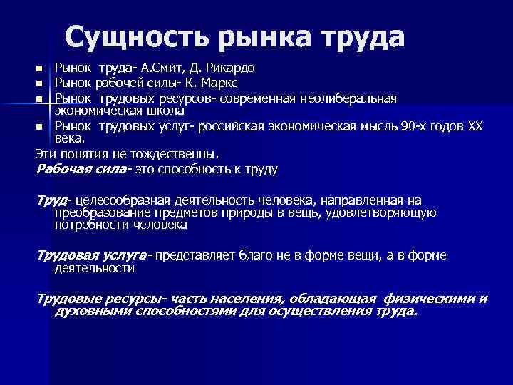 Сущность рынка труда Рынок труда- А. Смит, Д. Рикардо n Рынок рабочей силы- К.